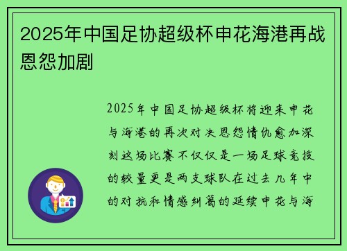 2025年中国足协超级杯申花海港再战恩怨加剧 2025年中国足协超级杯申花海港再战恩怨加剧