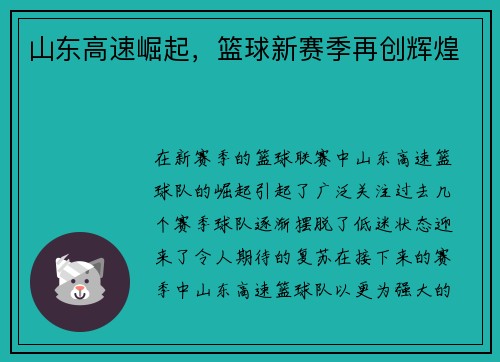 山东高速崛起,篮球新赛季再创辉煌 山东高速崛起,篮球新赛季再创辉煌