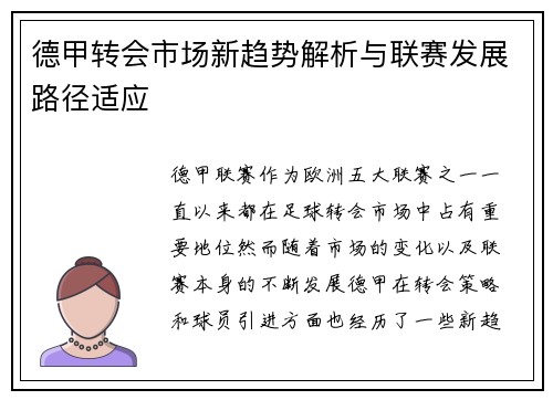 德甲转会市场新趋势解析与联赛发展路径适应