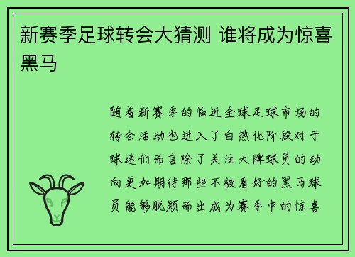 新赛季足球转会大猜测 谁将成为惊喜黑马 新赛季足球转会大猜测 谁将成为惊喜黑马